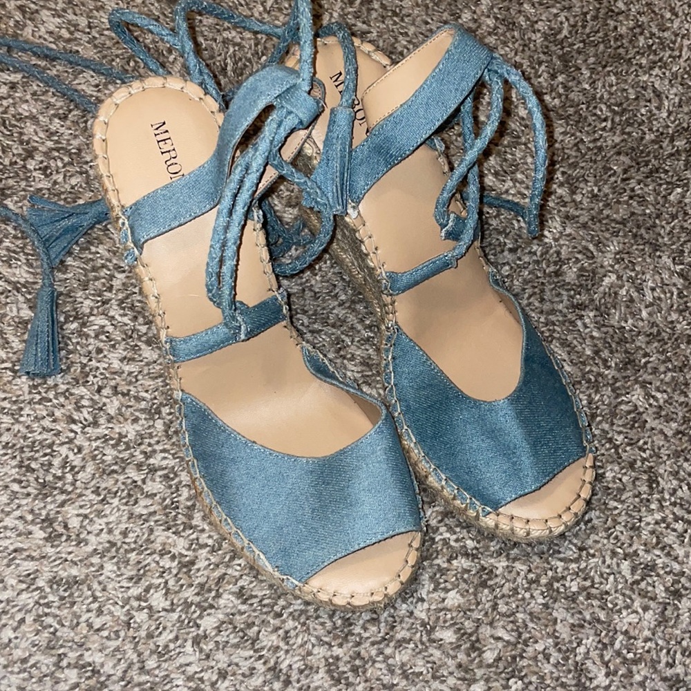 Denim lace up wedges, size 9